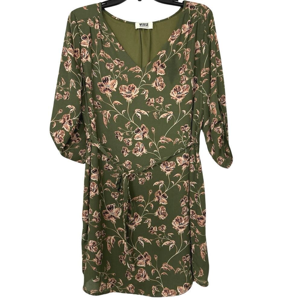 Verse Olive Green & Pink Floral Tie Wait 3/4 Sleeve V Neck Made in USA Med